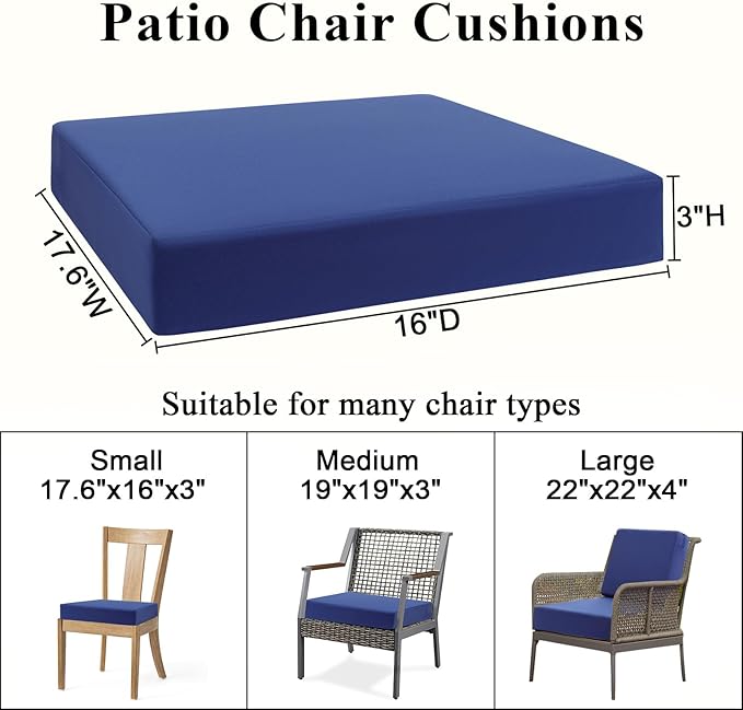 Topotdor Patio Chair Cushions Set of 2,Waterproof Outdoor Chair Cushions with Fade Resistant Removable Cover with Adjustable Straps for Patio Furniture Garden Sofa Couch,17.6"x16"x3" Blue