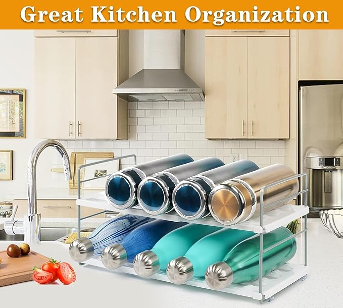 Water Bottle Organizer For Cabinet, Adjustable Tumbler Storage, Expandable Water Bottle Holder For Kitchen Organization, 2 Tier Cup Organizer For Sports Flask Insulated Travel Mug Fridge, White