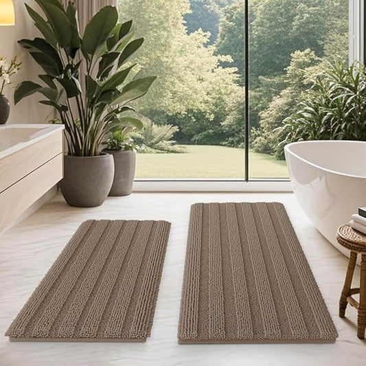 ACCUMTEK Striped Dark Beige Bathroom Rug Mat Set 2 Piece 32"x20"+24"x17" Ultra Soft, Non Slip Chenille Bath Rugs, Absorbent Plush Shaggy Bath Mats for Bathroom, Bedroom, Kitchen, Shower, Tub,Taupe