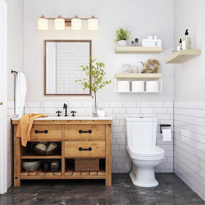 QEEIG Bathroom Shelves Over Toilet - Wall Mounted Floating Shelves Toilet Paper Storage Small Farmhouse Decor Shelf 16 inch Set of 3, Natural (019-BNW3)