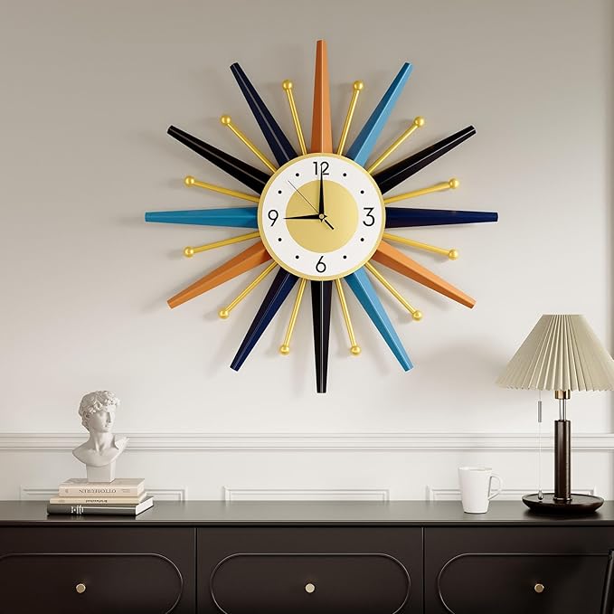 Mid Century Wall Clock, 22 Inch Large Vintage Metal Colorful Starburst Decorative Clocks Battery Operated, Boho Fancy Wall Clock for Kitchen Bedroom Living Room