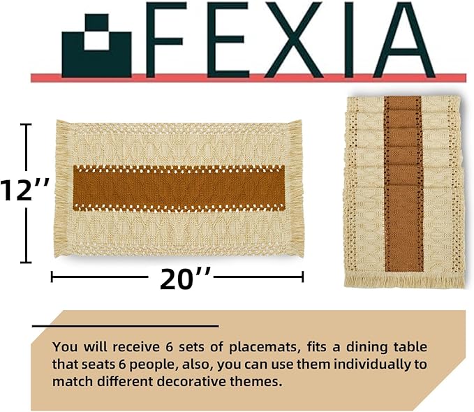 FEXIA Boho Placemats Set of 6, Macrame Table Decor and Farmhouse Style Placemats Natural Cotton Burlap, for Dining Table, Caramel