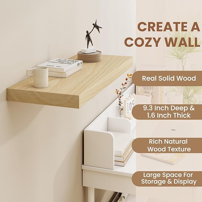 48" Solid Wood Floating Shelves, 9.3 Inch Deep Floating Shelves for Wall, Rustic Wooden Shelves for Wall Decor, Large Fireplace Mantel for Storage, Deep Floating Shelf Set of 1, Natural Color