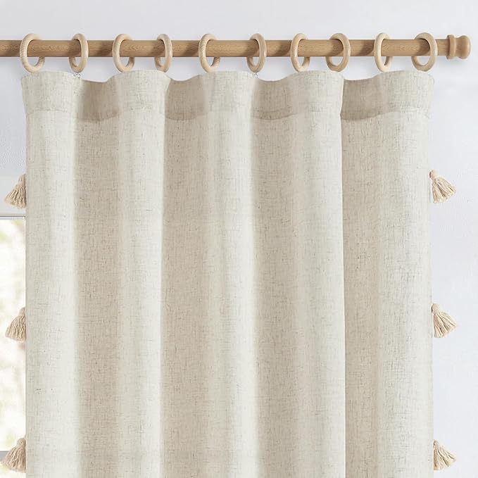jinchan Boho Curtains 63 Inch Long 2 Panels, Linen Blend Farmhouse Drapes with Tassels for Bedroom, Light Filtering Cottage Core Curtians with Fringe, W50 x L63 with Rod Pocket Back Tab,(Ecru)