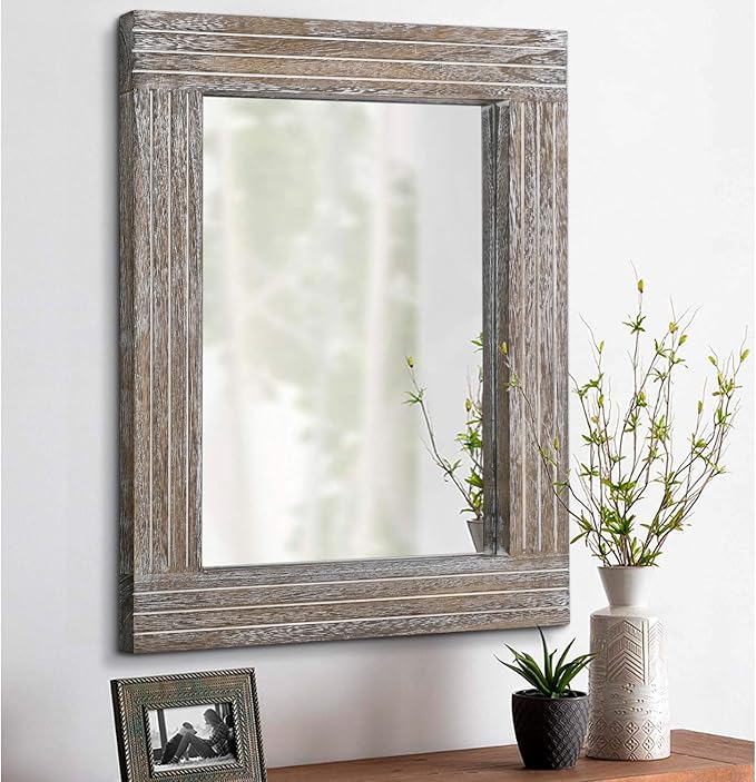 Rustic Wood Framed Wall Mirror Farmhouse Rectanglular Vintage Antique Decor Hanging Mirror for Bathroom Bedroom Living Room Entryway Small
