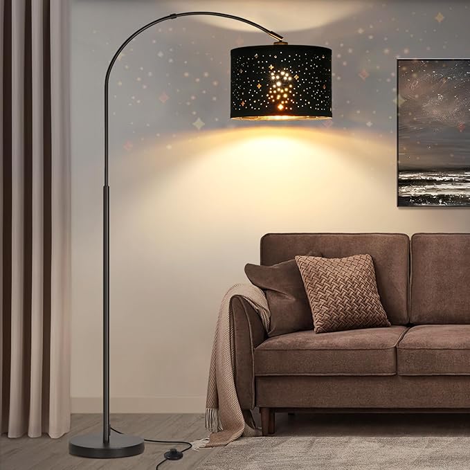 Modern Arc Floor Lamp, Tall Pole Lamp with Black Stars Lampshade, Arched Reading Light with Adjustable Lamp Head, Over Couch Hanging Light Corner Lamp for Living Room, Bedroom, Office (Black)
