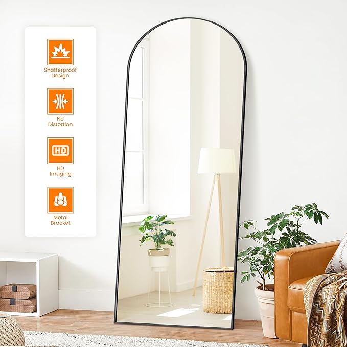 Arched Full Length Mirror, Black Standing, 70"x24" Full Body With Standing, Free Standing, Leaning Against Wall or Wall-Mounted, Large Floor for Bedroom Living Room Dressing Room
