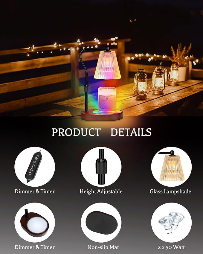 Candle Warmer Lamp with 7 LED Colors Lamp,Candle Warmer with Timer Dimmer Adjustable Height, for Women Mom,Birthday Gifts for Women Mom, Candle Lamp Warmer with 2 Bulbs