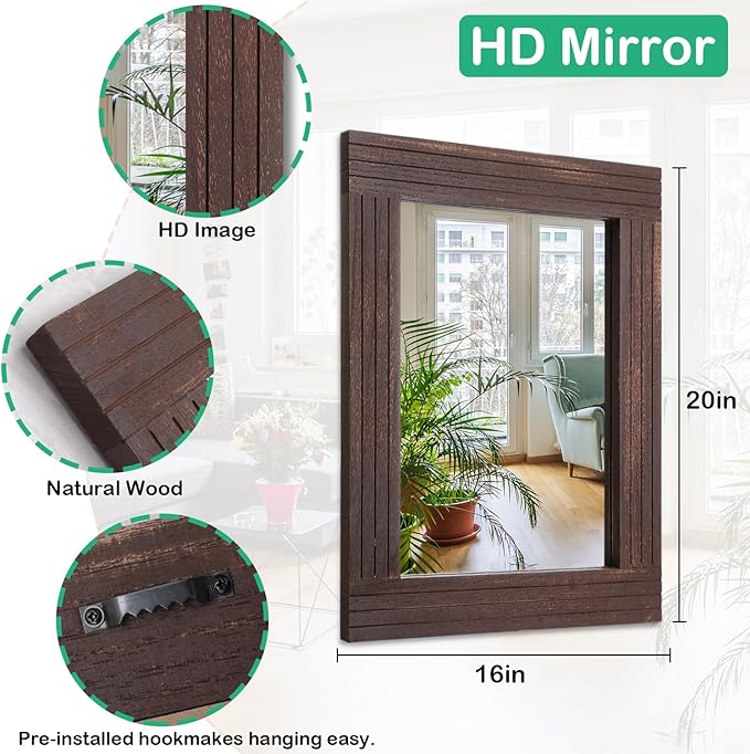 Mirrors for Wall Rustic Wooden Frame Rectangle Mirror Vintage Hanging Mirror for Bedroom Bathroom Living Room Farmhouse Wall Decor Brown Large 20" x 16 "