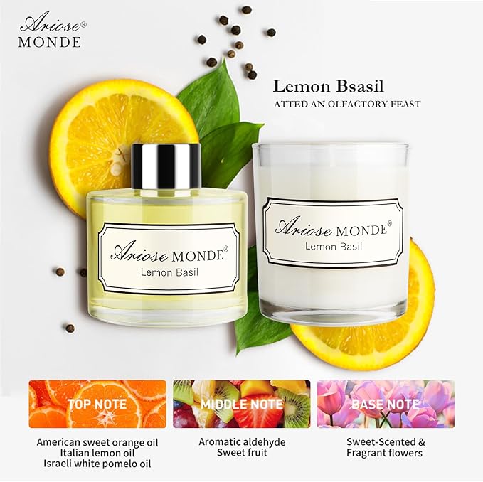 Reed Diffuser & Scented Candle Gift Set, Lemon Basil Oil Diffuser Sticks, Fragrance Diffuser & Soy Wax Candles in Glass Jar, Natural Soy Candles Gifts for Home Decor