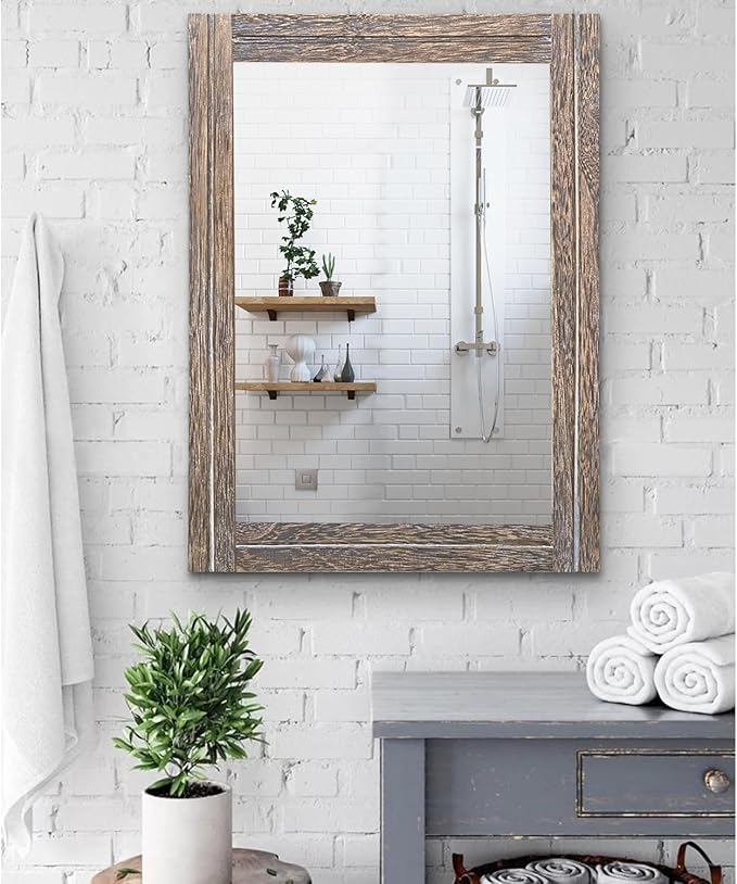 AAZZKANG Mirror with Wood Framed Rectangle Rustic Wall Mirrors Decor Large 26"x18" for Bedroom Bathroom Living Room Entryway