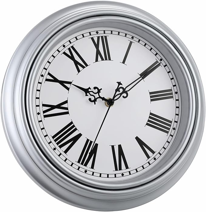 Plumeet Small Retro Wall Clock, 10'' Non Ticking Classic Silent Vintage Wall Clocks Decorative Kitchen Living Room Bedroom, Roman Numerals, Battery Operated, Silver