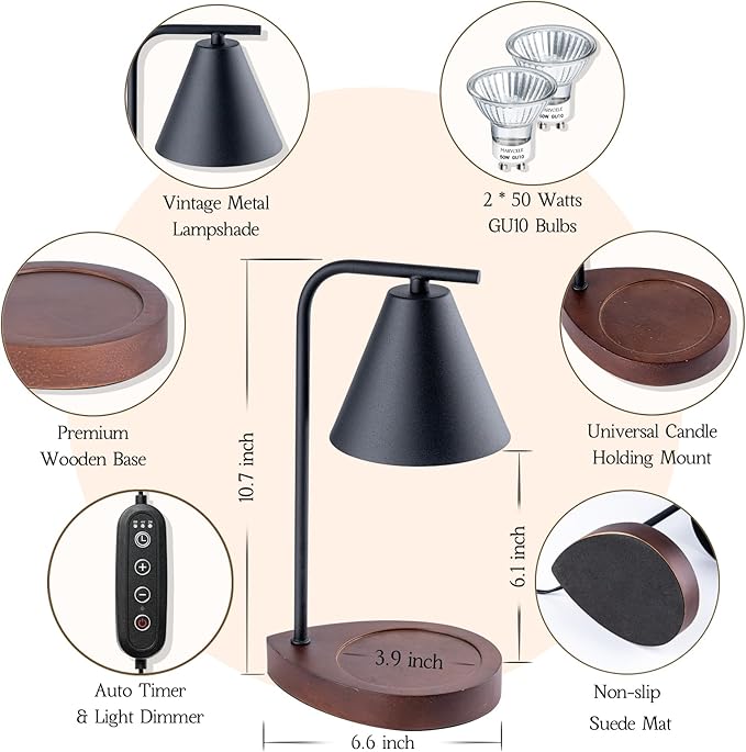 Black Candle Warmer Lamp with Timer, Birthday Gifts for Him Her, House Warming Gifts New Home Decor Aesthetic Black, Electric Dimmable Wax Melt Warmer for Jar Candles with 2 Bulbs