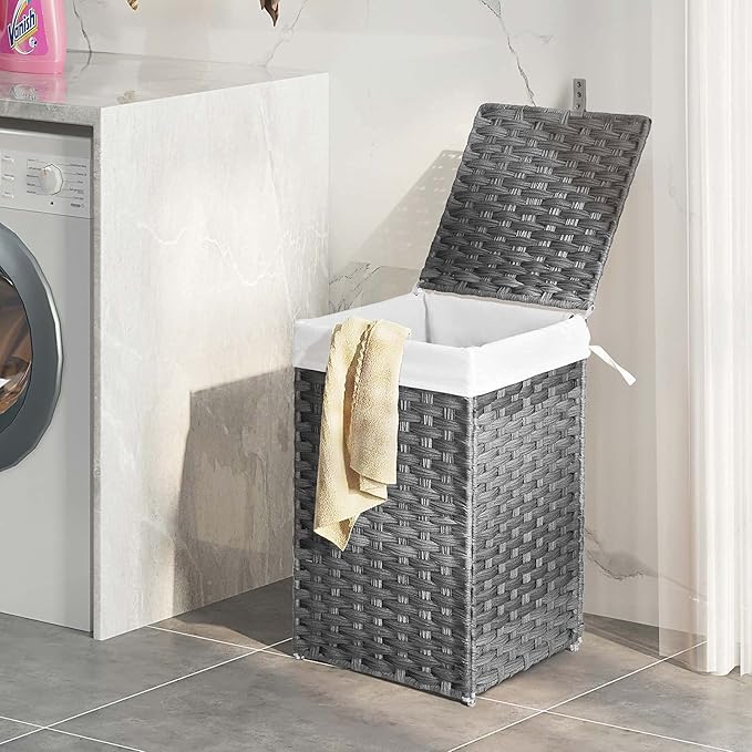 Greenstell Laundry Hamper with Lid, 60L Clothes Hamper with 2 Removable Liner Bags & 2 Mesh Laundry Bags, Handwoven Synthetic Rattan Laundry Basket for Clothes, Toys in Bathroom, Bedroom Grey