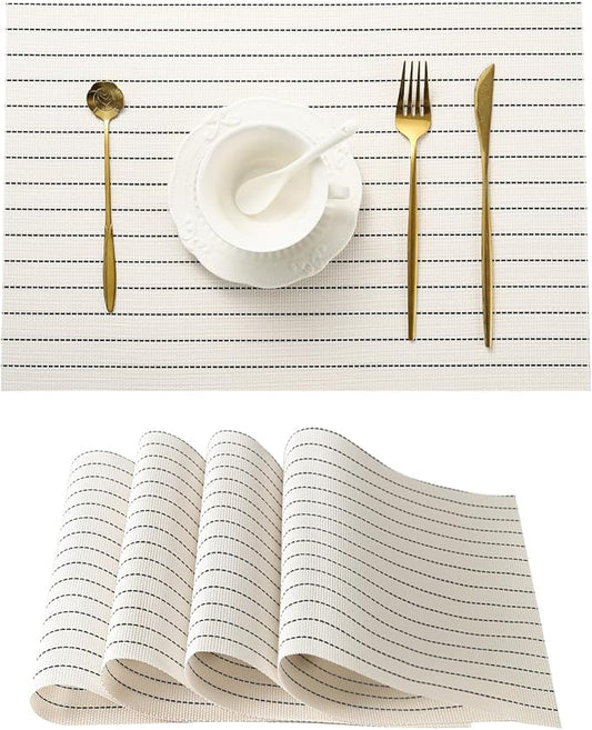 Leetaltree White with Black Stripes Placemats Set of 12 - Heat Resistant Non-Slip Place mats for Dining Table, Washable Durable PVC Vinyl Woven Table Mats(White Stripes, 12)