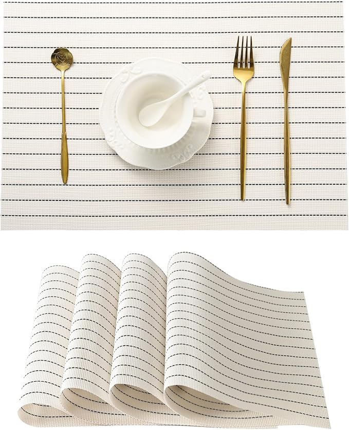Leetaltree White with Black Stripes Placemats Set of 4 - Heat Resistant Non-Slip Place mats for Dining Table, Washable Durable PVC Vinyl Woven Table Mats(White Stripes, 4)