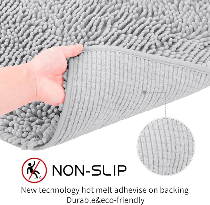 Light Gray Bathroom Rugs 2 Pieces Chenille Bath Rug Mat, Extra Thick and Soft Absorbent Bath Rugs, Machine Washable, Non-Slip Plush Bath Mats for Tub, Shower, (Light Gray, 32"x20"+24"x16")