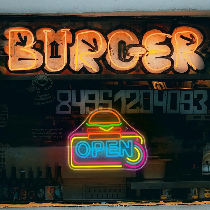 Lucunstar Hamburger Shop Open Neon Sign,Neon Sign for Wall Decor,USB Adjustable Brightness for Neon Lights for Hamburger Shop Led Business Sign Suitable for Fast Food shops Party Led Art Wall Hanging