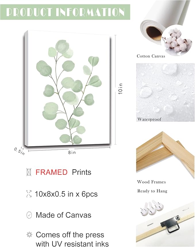 Botanical Eucalyptus Canvas FRAMED Wall Art,Boho Plant Wall Decor for Bedroom,Minimalist Prints for Living Room,Light Green Botanical Art Painting for Bathroom,Set of 6,8”x 10”