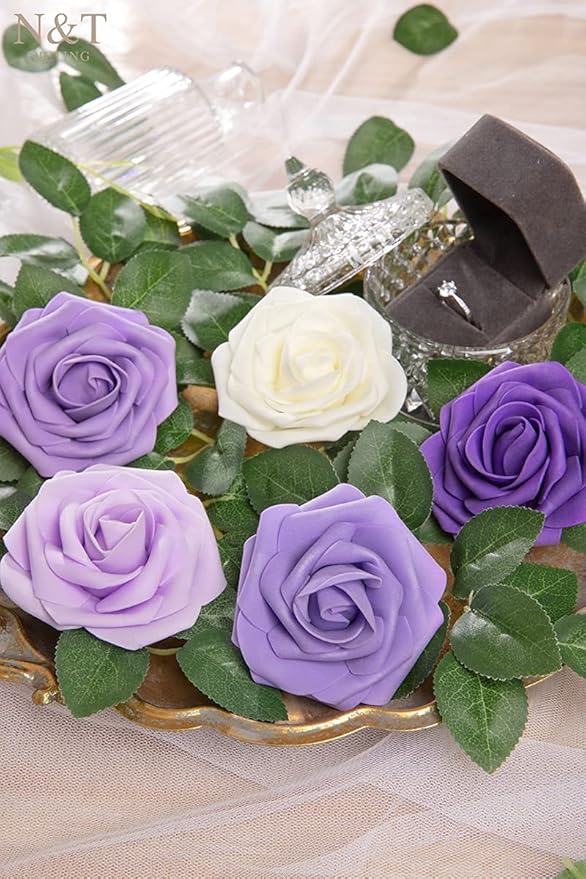 N&T NIETING Artificial Flowers, 25pcs Fake Flowers Rose with Stems Perfect for DIY Wedding Bridesmaid Bridal Bouquets Centerpieces Home Flower Arrangement Decoration, Series Purple