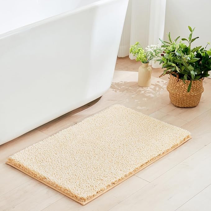 Douceur Beige Bathroom Rugs Non Slip, Luxury Thick Plush Shaggy Bath Mats Washable, Fluffy Absorbent Rugs, Quick Dry Shower Mat Gifts, 32" x 20"