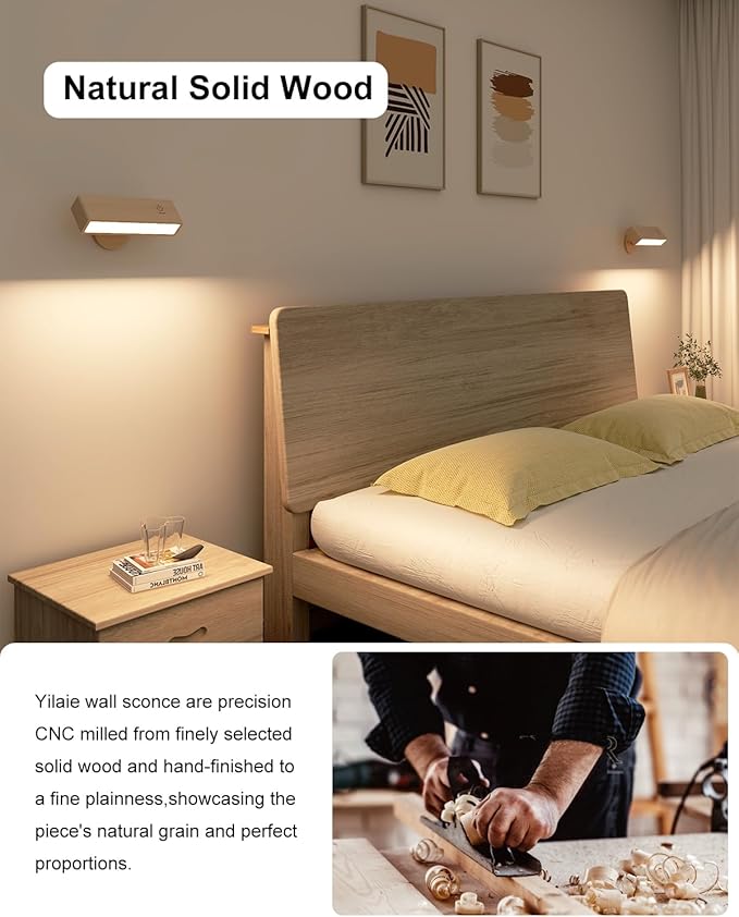 YiLaie Wall Sconces Battery Operated Set of Two,Rechargeable Wall Lamps for Bedroom,Wall Lights Wireless Dimmable,Wood Wall Sconce with 360 Rotation,Peel and Stick Wall Sconces for Bedroom Bedside