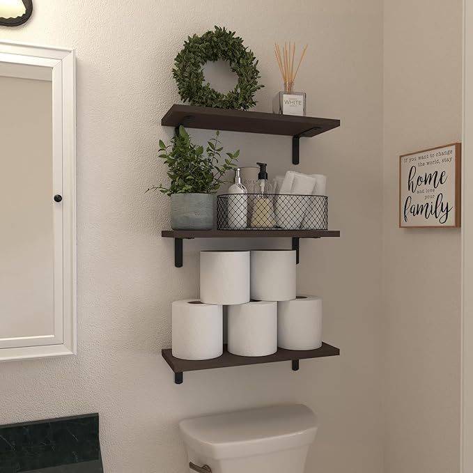 WOPITUES Floating Shelves Set of 6, Wood Wall Mounted, Rustic Farmhouse Shelf for Decor, Bathroom, Book Shelves for Living Room - Dark Brown, HM011A