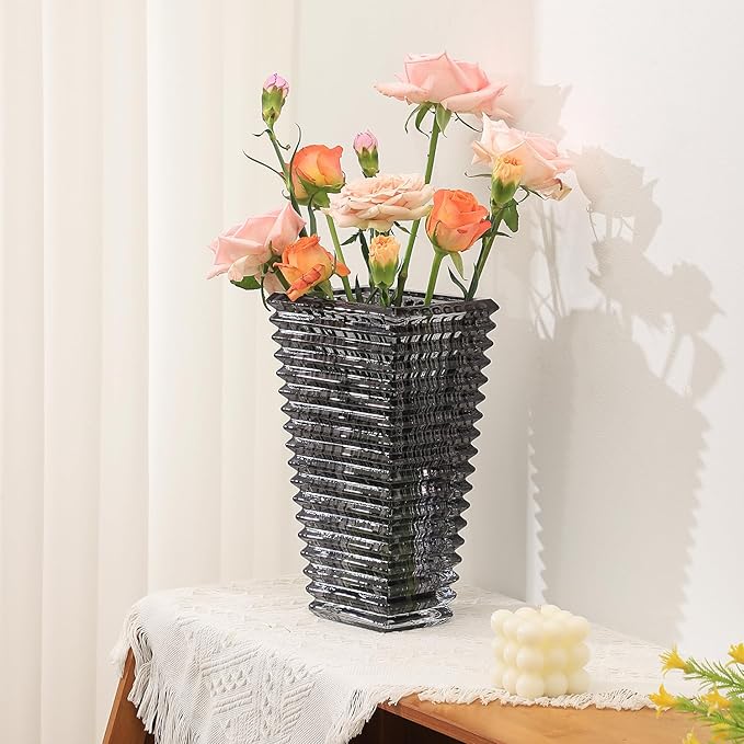 MCMCNCUIU Crystal Vase, Large Crystal Vases for Flowers, Large Flower Vase, Modern Black Vases for Living Room, Bedroom, Kitchen, Dining Table, Mantle, Wedding, 11 Inches