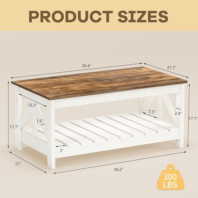 JUMMICO 39” Farmhouse Coffee Table for Living Room, 2-Tier Modern Living Room Table with Storage Shelf, Rustic Rectangular Center Table Space Saving Home Furniture (Rustic Oak & White)