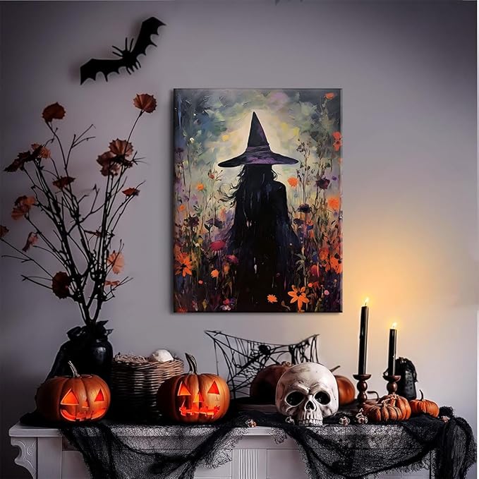 ILLBDR Halloween Vintage Witchy Wall Art Prints Creepy Gothic Dark Moody Pictures Decor Dark Academia Witches Victorian Painting Canvas Posters Bedroom Bathroom 12x16 inch Framed