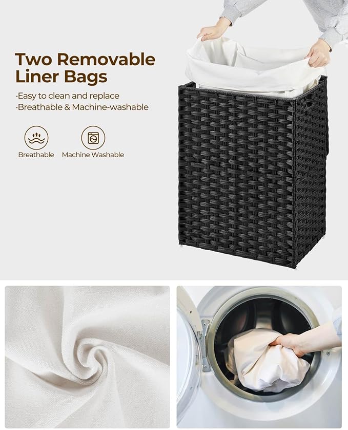 Greenstell Laundry Hamper with Lid, 60L Clothes Hamper with 2 Removable Liner Bags & 2 Mesh Bags, Handwoven Synthetic Rattan Basket, Toys in Bathroom, Bedroom Black