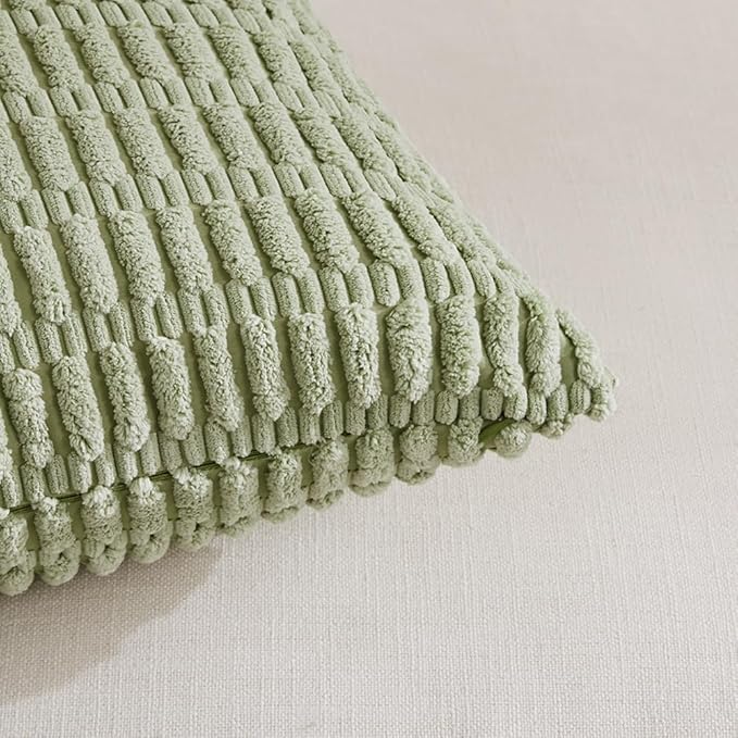 Fancy Homi 4 Packs Sage Green Decorative Throw Pillow Covers 16x16 Inch for Living Room Couch Bed Sofa, Rustic Farmhouse Boho Home Decor Soft Plush Striped Corduroy Square Cushion Case 40x40 cm