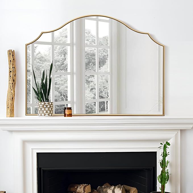 Gold Scalloped Wall Mirror: 40"x29" Large Modern Minimalist Vanity Arched Mirror for Home Decor/Living Room/Bedroom/Fireplace/Mantle/Entryway
