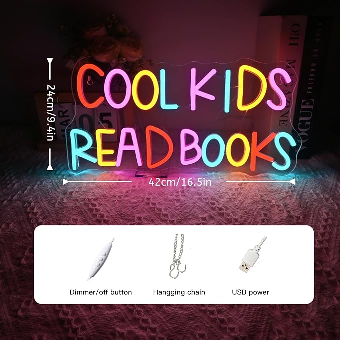 Cool Kids Read Books Neon Sign Reading Corner for Kids Neon Signs for Wall Decor LED Light Library Classroom Book Club Christmas Gift for Kids & Teens(5V2A)