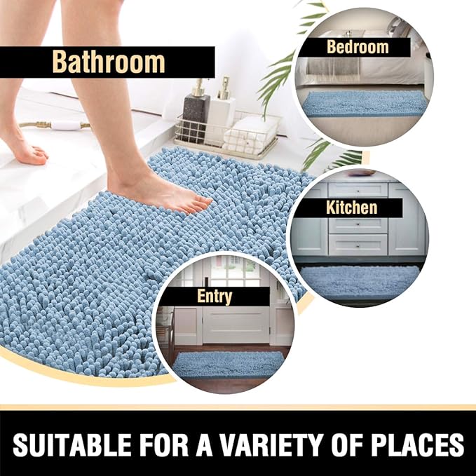 H.VERSAILTEX Bathroom Rugs Bath Mats Non Slip Luxury Chenille Bathroom Runner Rug 47x17 Extra Soft and Absorbent Shaggy Rugs Washable Dry Fast Area Carpet Mats, Tub - Cool Blue