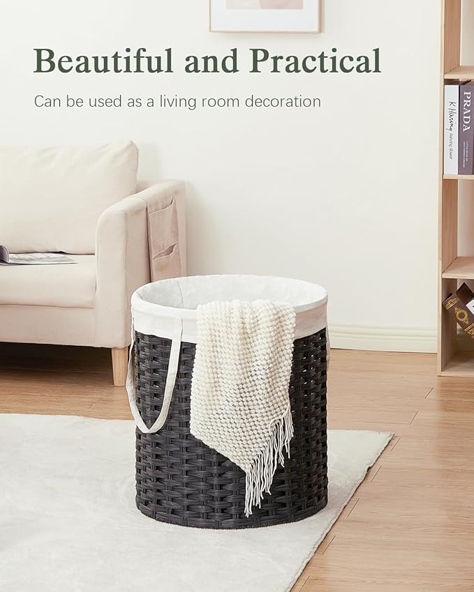Laundry Hamper Round Laundry Basket 26.5 Gal (100L) Rattan Laundry Hamper, Handwoven Wicker Laundry Basket with Handles Removable Laundry Bag 2 Mesh Bags for Bedroom Laundry Room Black