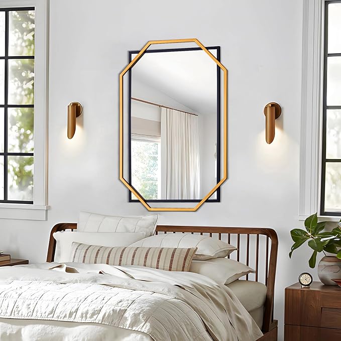 Decorative Wall Mirror, Black and Gold Bathroom Mirror for Wall with Modern Octagonal Metal Frame, for Living Room, Dining Room, Entryway (36" x 24")