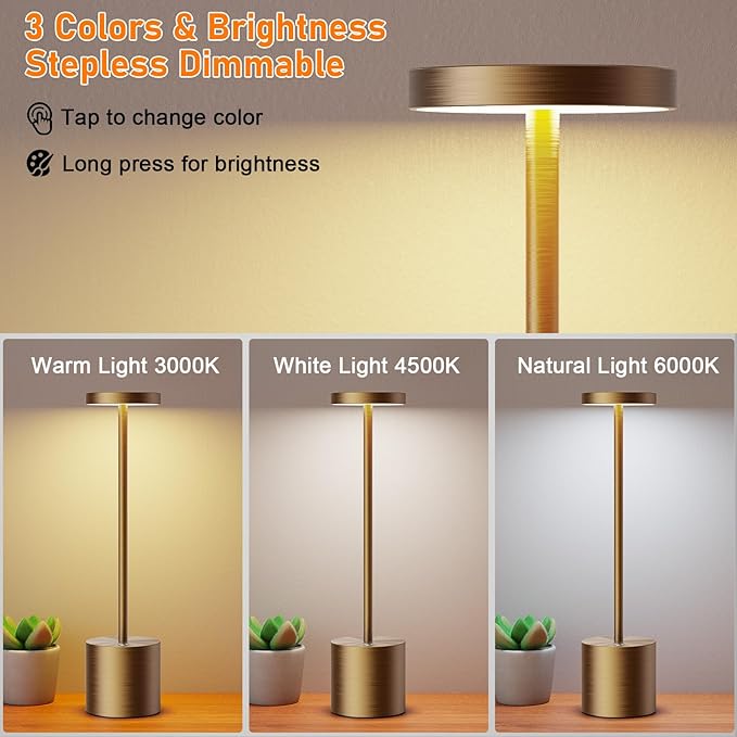 SAKRINGT Cordless Table Lamps Rechargeable,6000mAh Portable Battery Operated LED Table Light for Restaurant Outdoor 2 Pack Titanium