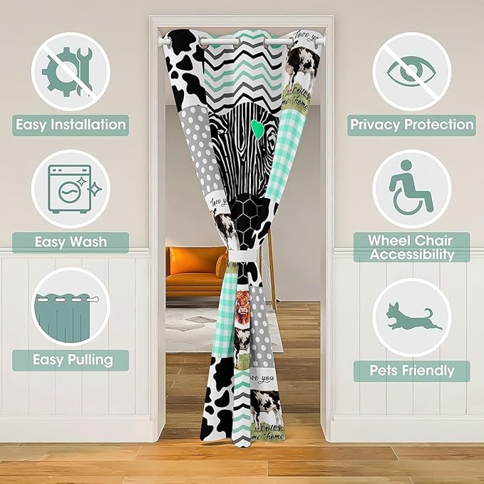 Cute Cow Print Doorway Curtain 42"W X 80"L Kawaii Highland Cow Door Curtain Bedroom Decor Honeycomb Plaid Pattern Geometric Stripes Door Drape Cartoon Farm Animals Curtain, Green Black Grey