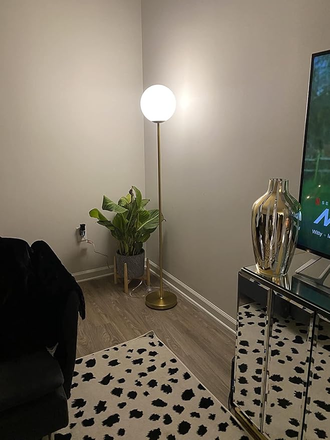 Brightech Luna LED Floor lamp, Modern Lamp for Living Rooms & Offices, Great Living Room Décor, Tall Lamp with Frosted Glass Globe, Mid Century Standing Lamp for Bedroom Reading - Brass/Gold
