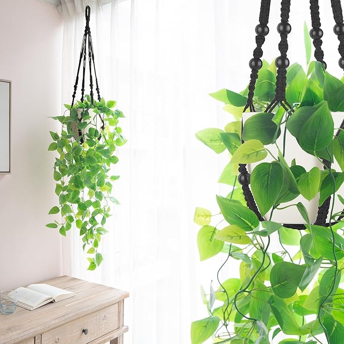 Mkono Fake Hanging Plant with Pot, Artificial Plants for Home Decor Indoor Macrame Plant Hanger with Fake Vines Faux Hanging Planter Greenery for Bedroom Bathroom Kitchen Office Decor (1, Black)