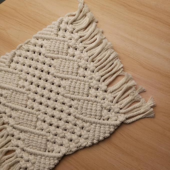 Handmade Cotton Woven Crochet Placemat with Tassels, 10 x12 Inches Small Place Mat for Bohemian Wedding Décor, Boho Table Mat for Farmhouse, Rustic Décor for Dining Table, Beige