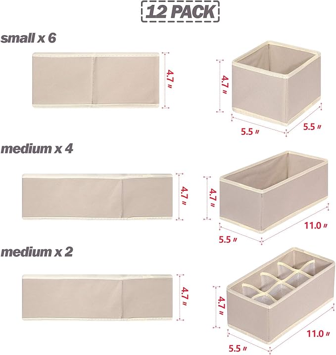 12 Pack Foldable Drawer Organizer Dividers Cloth Storage Box Closet Dresser Organizer Cube Fabric Containers Basket Bins for Underwear Bras Socks Panties Lingeries Nursery Baby Clothes Beige NN246