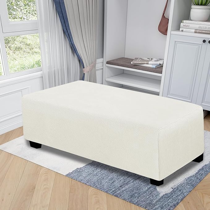Easy-Going Stretch Ottoman Cover Folding Storage Stool Furniture Protector Soft Rectangle Slipcover with Elastic Bottom (Ottoman XX-Large,Cream)