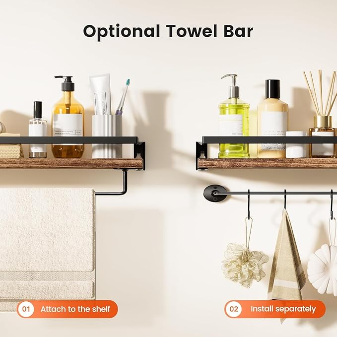 Amada HOMEFURNISHING Floating Shelves Wall Mounted, Wall Shelves for Bathroom, Kitchen, Bedroom, Storage Shelf with Towel Bar, Set of 2, Rustic Brown