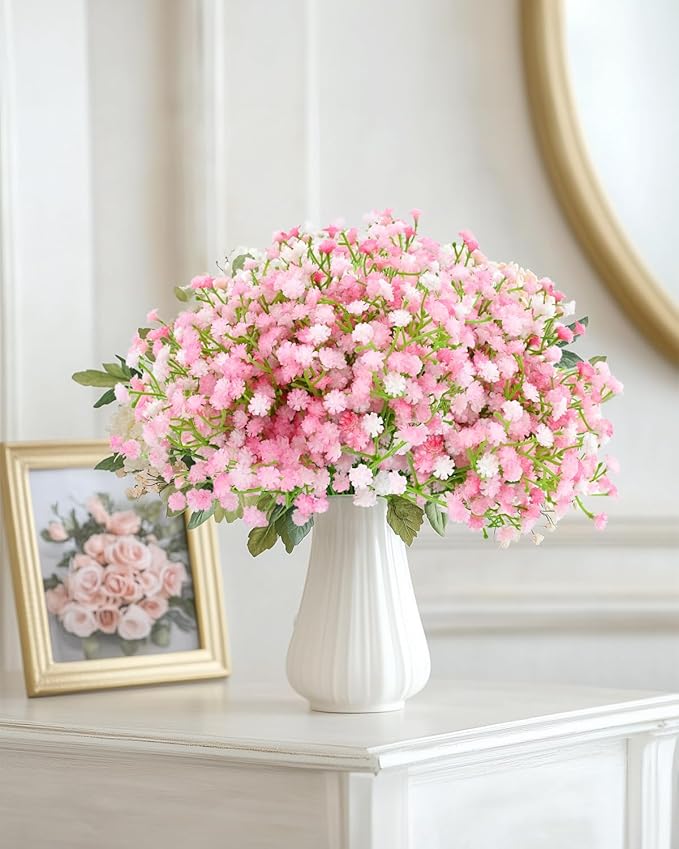 48Pcs Babys Breath Artificial Flowers, Fake Baby Breath Flowers Artificial Bulk Faux Gypsophila Real Touch Flowers for Wedding DIY Bouquet Floral Arrangement Party Home Garden Decoration, Pink