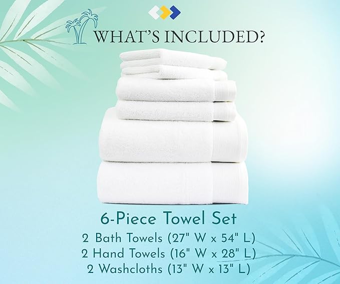 California Design Den Extra Soft & Fluffy 100% Cotton Towels - 6 Piece Towel Set, Quick Dry Towel & Highly Absorbent, Hotel Bath Towel Set - 2 Bath Towels, 2 Hand Towels & 2 Washcloths (White)
