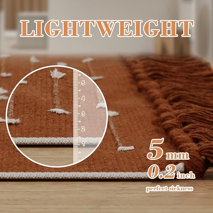 LIVEBOX Boho Bathroom Rug 2' x 3' Washable Burnt Orange Small Moroccan Throw Rug for Bath,Cotton Woven Area Rug Carpet with Tassel for Entryway Kitchen Sink Front Door Fall Bathroom Decor