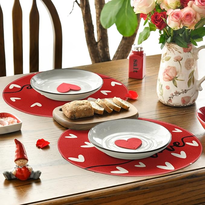 Artoid Mode Red Love Round Valentine Placemats Set of 4, 14 Inch Anniversary Wedding Round Table Mats for Dining Decoration
