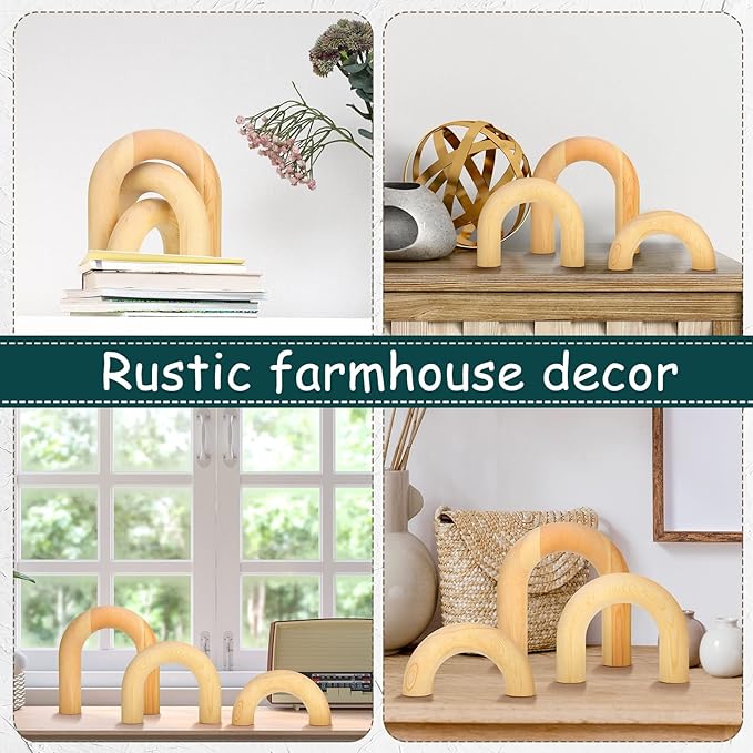 Qunclay 3 Pcs Wood Arch Decorative Objects Coffee Table Decor Modern Bookshelf Boho Home Decor for Shelves Mantel, Aesthetic Shelf Accent for Living Room Entryway(Wood Color)